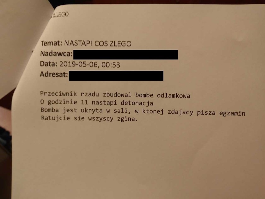 Alarm bombowy w krakowskich szkołach TREŚĆ MAILA