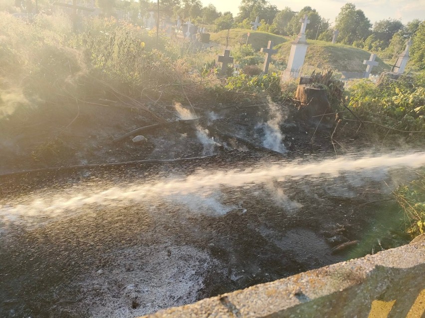 Pożar na cmentarzu w Chrobrzu. Straż pożarna w akcji. Zobacz zdjęcia