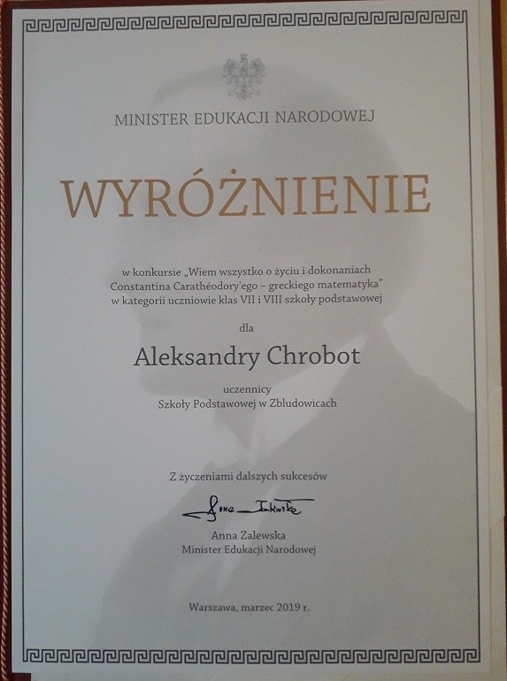 Aleksandra Chrobot, uczennica ze Zbludowic - z nagrodą w ministerialnym konkursie [ZDJĘCIA]