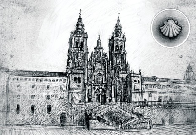 Katedra Santiago de Compostela w Hiszpanii na pocztówce autorstwa Olgi Pasamonik, artystki grafika z Będzina.