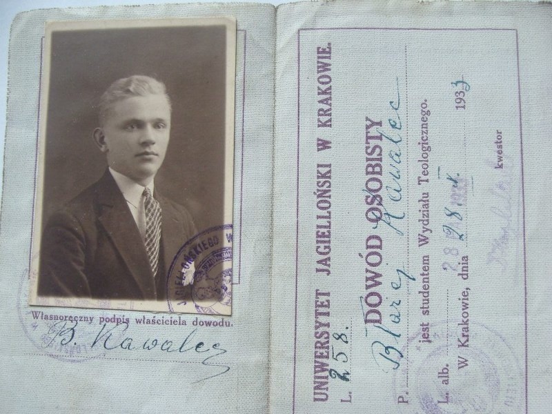 Studencki dowód osobisty ks. Błażeja Kawalca z 1933 roku.