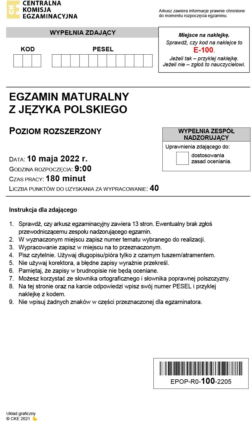 Matura 2022: język polski, poziom rozszerzony. Tematy matury z polskiego. Publikujemy akusz CKE z polskiego i pierwsze opinie 10.05.2022