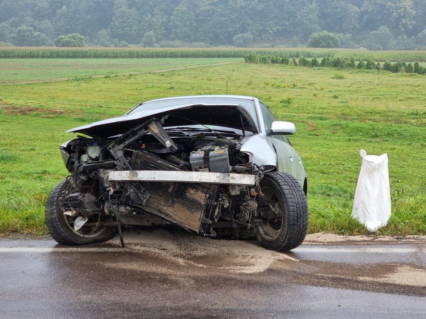 Wypadek w Ruszelczycach. Audi A3 wypadło z drogi na zakręcie. Pogotowie zabrało kierowcę do szpitala [ZDJĘCIA]