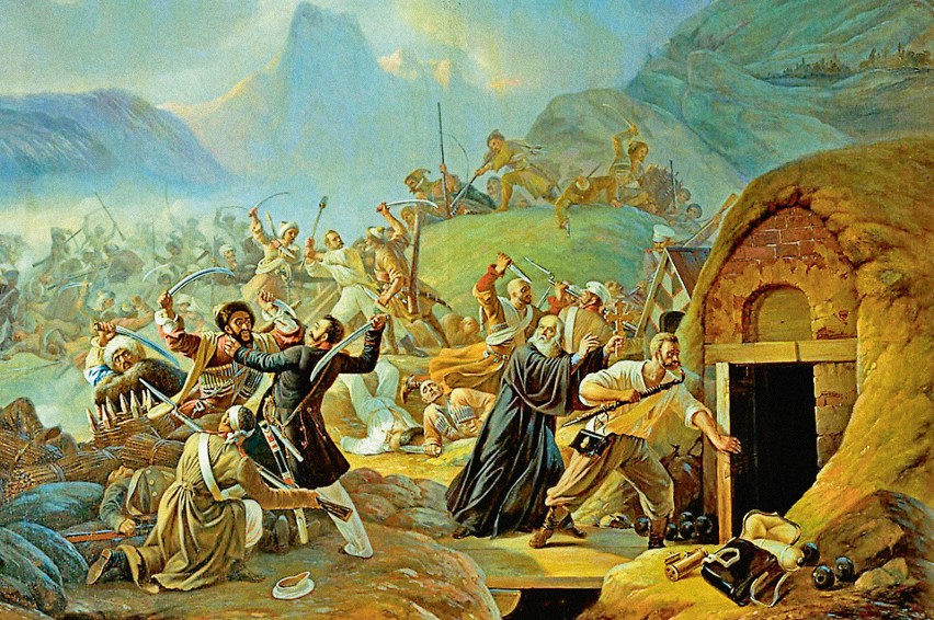 Atak Czerkiesów na rosyjski fort podczas kampanii w 1840 r. Obraz Aleksandra Kozłowa (1814-1884).