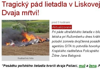 Informacja o katastrofie awionetki na słowackim portalu Top Sky