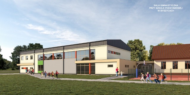 Tak ma wyglądać sala gimnastyczna przy Szkole Podstawowej w Byszycach. Budowę tu sportowego obiektu, zaplanowano w 2022 roku. Szybciej, bo w listopadzie 2021 ma być gotowa natomiast sala gimnastyczna przy SP w Sygneczowie