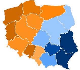 Kolorem żółtym oznaczono regiony, w których wygrał Bronisław Komorowski, niebieskim - Jarosław Kaczyński.