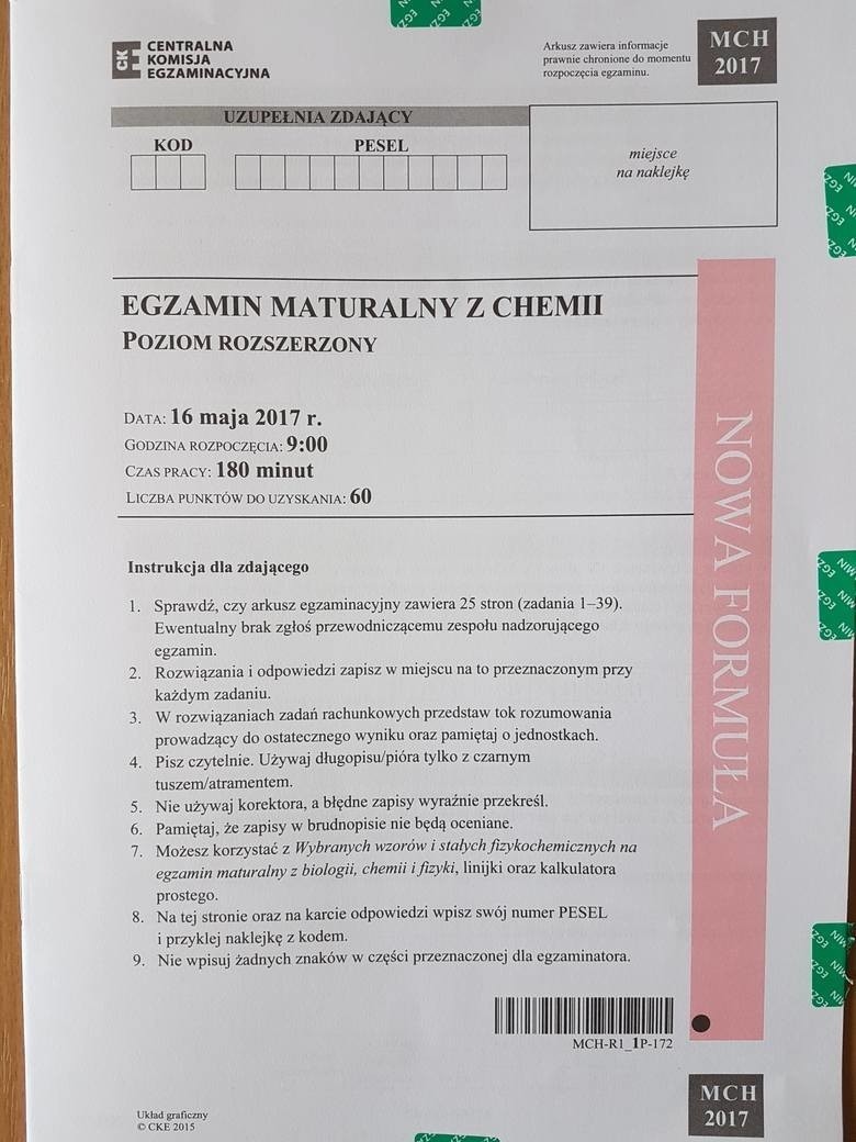 Dzisiaj maturzyści napisali maturę z chemii na poziomie...