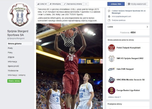 Spójnia poinformowała o nowym koszykarzu na swoim profilu fejsbukowym