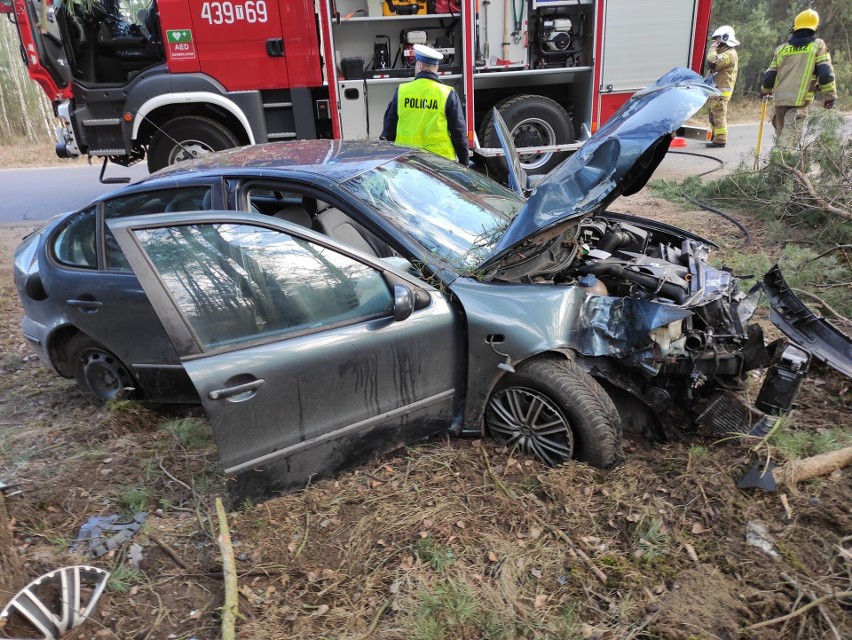 Wypadek w gminie Radoszyce. Seat wypadł z drogi i złamał drzewo. Kobieta trafiła do szpitala. Zobacz zdjęcia 