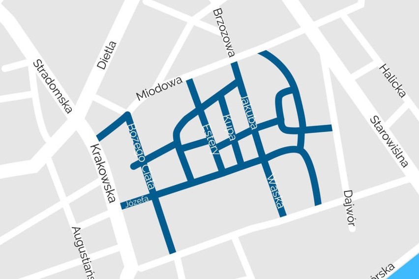 Kolorem niebieskim oznaczono ulice w centrum Kazimierza, na...