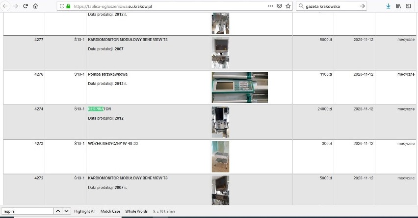 Koronawirus szaleje, a krakowski szpital wystawia na sprzedaż... respiratory. Urządzenia trafiły na licytację