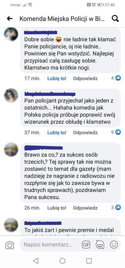 Komentarze pod postem Komendy Miejskiej Policji w...