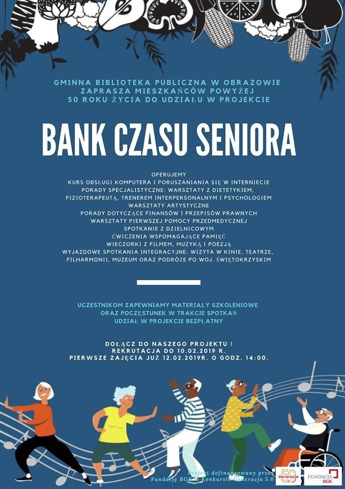 Gminna Biblioteka Publiczna w Obrazowie zaprasza mieszkańców gminy powyżej 50 roku życia do udziału w projekcie "Bank Czasu Seniora".