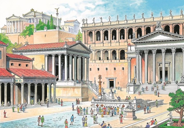 Rysunek ukazujący Forum Romanum w dawnym Rzymie