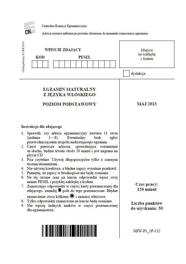 MATURA 2013. Język włoski - poziom podstawowy [ARKUSZE,ODPOWIEDZI, KLUCZ CKE]