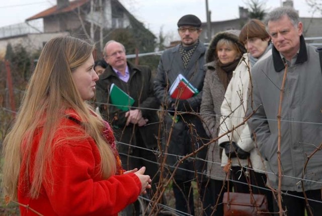 Właścicielka winnicy, Kinga Kowalewska-Kozińska (z lewej), właśnie oprowadza po swoich włościach kontrolerów z inspekcji jakości handlowej i spożywczej.