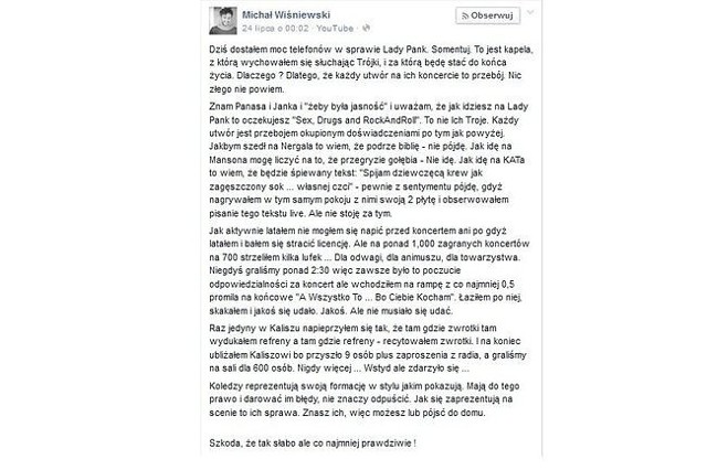 Wpis Michała Wiśniewskiego (fot. screen z Facebook.com)