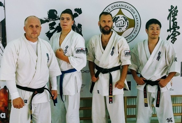 Od lewej  shihan Piotr Sawicki,  Jakub Przygodzki, sensei Alan Mazur oraz Daiyho Masanaga Nakamura.