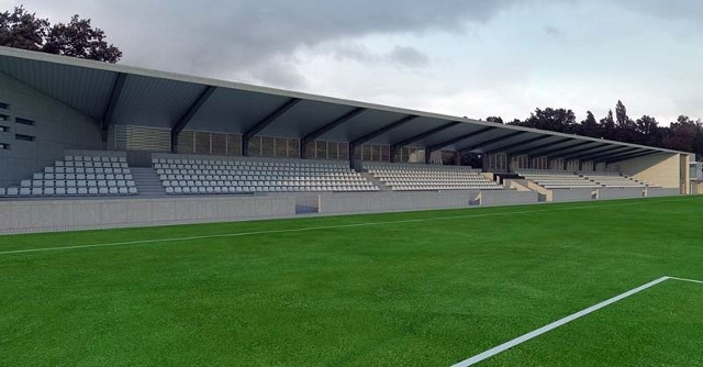 Trybuny stadionu w Wysokiem Mazowieckiem na blisko tysiąc miejsc mają zyskać zadaszenie (jak na wizualizacji), by mecze można było oglądać w komfortowych warunkach