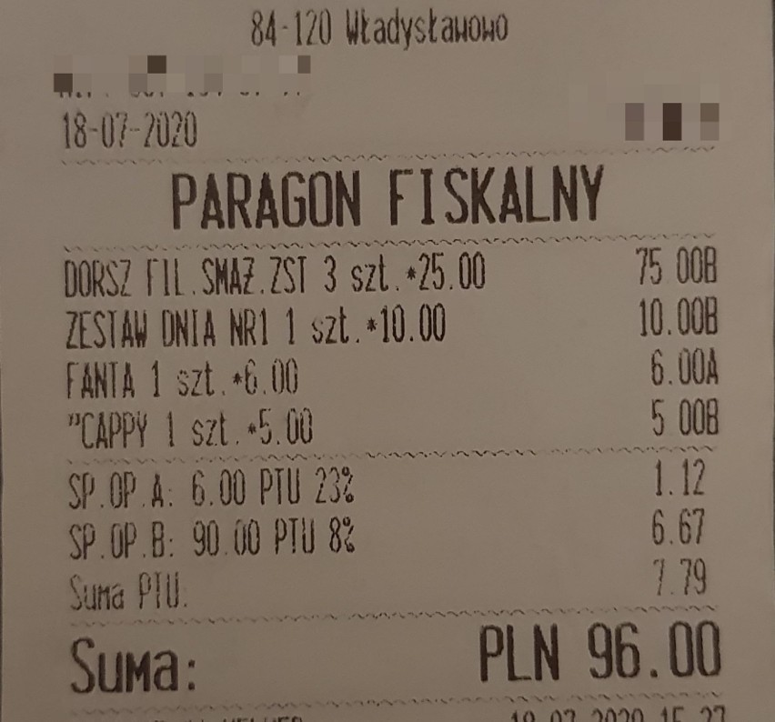 Ten paragon opiewa na kwotę 96 zł. To cena obiadu dla...