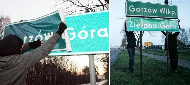 Po lewej zamiana tablicy z nazwą miejscowości w Zielonej Górze, po prawej ta sama akcja w Gorzowie.