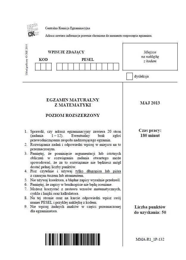 MATURA 2013. Matematyka - poziom rozszerzony [ARKUSZE, ODPOWIEDZI, KLUCZ CKE]