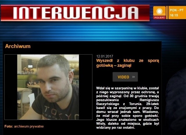 Materiał poświęcony zniknięciu Remigiusza Baczyńskiego można było obejrzeć w telewizji w czwartek (12.01).