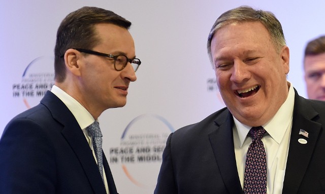 Premier M.Morawiecki oraz amerykański szef dyplomacji M.Pompeo podczas konferencji bliskowschodniej w Warszawie, 14 lutego 2019 r.