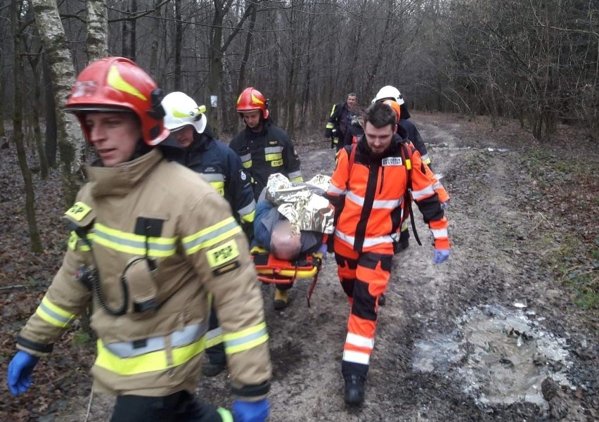 Łękawka. Strażacy z ratownikami pomagali mężczyźnie, który uległ wypadkowi w lesie