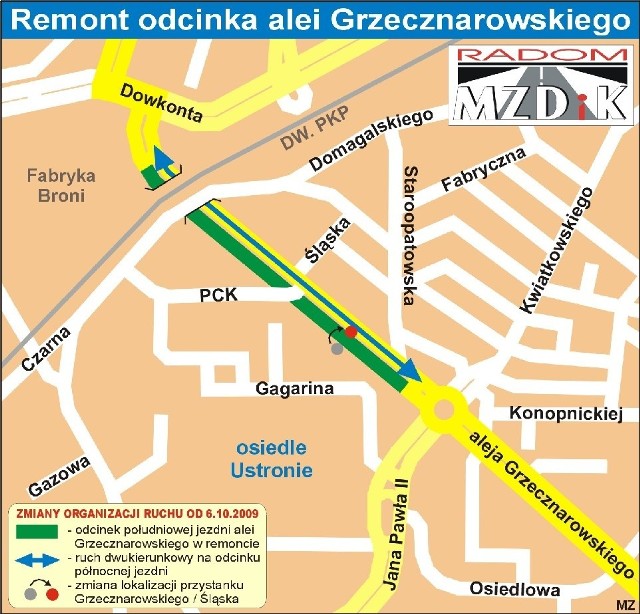 Mapa objazdów wokół Grzecznarowskiego