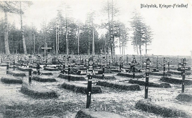mentarz wojenny w Zwierzyńcu, 1916 rok. Podmiejski  lasek zapełnił się licznymi grobami, często bezimiennych żołnierzy, którzy zginęli w walkach.