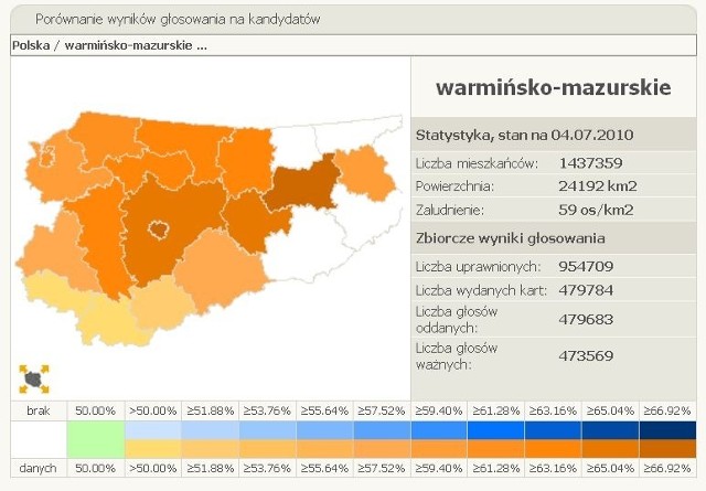 Mapka województwa warmińsko-mazurskiego pokazuje, że zdecydowanie wygrał tu Bronisław Komorowski