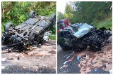 Groźny wypadek na drodze Koplany - Pomigacze. Samochód osobowy dachował. Kierowca trafił do szpitala. Policja: To była kolizja [ZDJĘCIA]