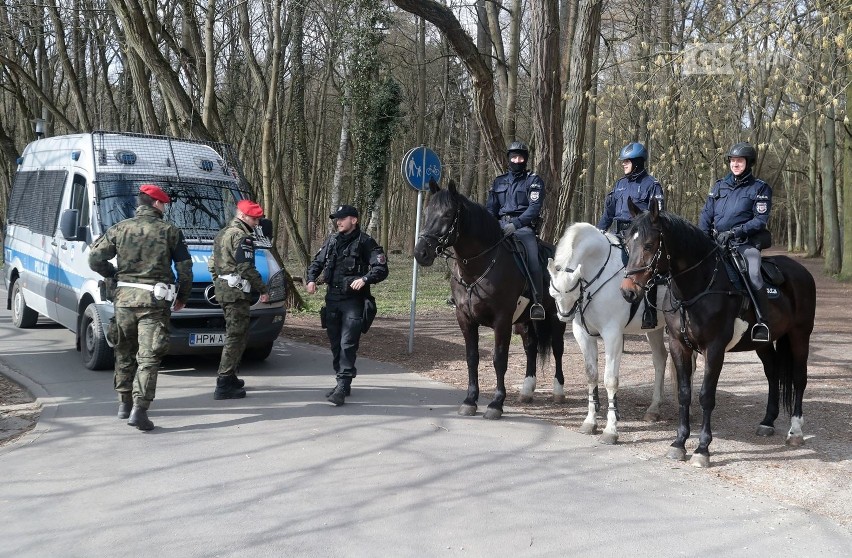 Policjanci na koniach, żandarmeria. Pilnują parków i lasy w Szczecinie. Jest zakaz wstępu - 05.04.2020