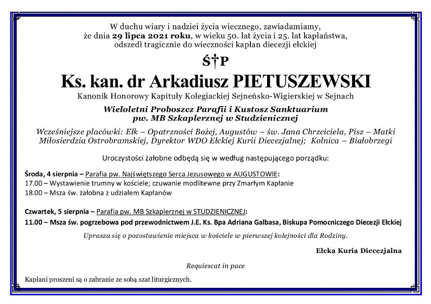 Pogrzeb księdza Arkadiusza Pietuszewskiego odbędzie się w czwartek. Proboszcz zginął w wypadku na DK 8