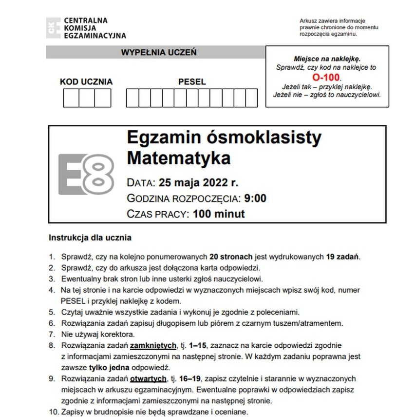 Egzamin ósmoklasisty 2022 matematyka. Odpowiedzi, zadania i arkusze CKE. Co było na egzaminie z matematyki? (25.05.2022)