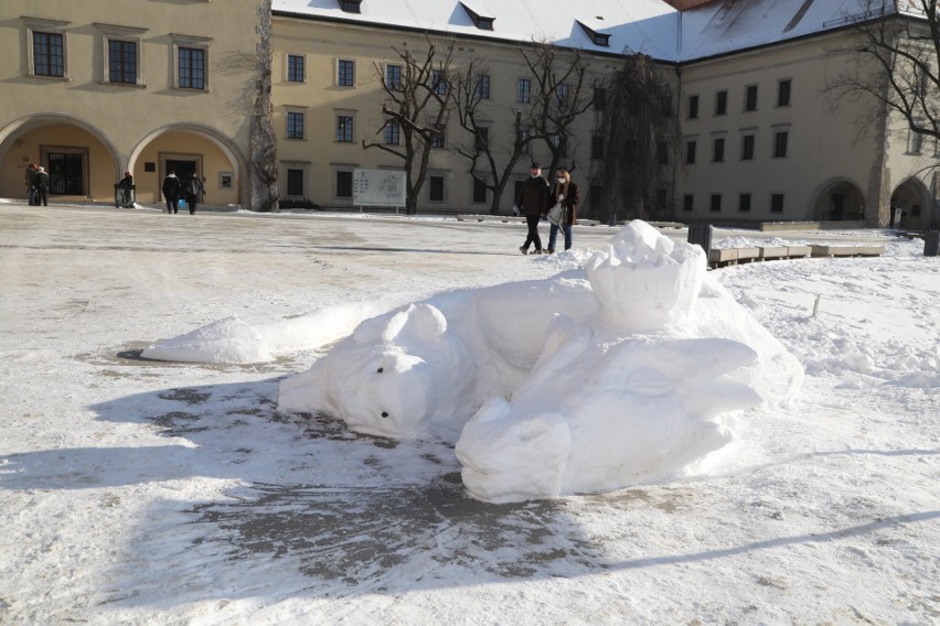 Kraków. Na Wawelu pojawił się spory smok zrobiony ze śniegu