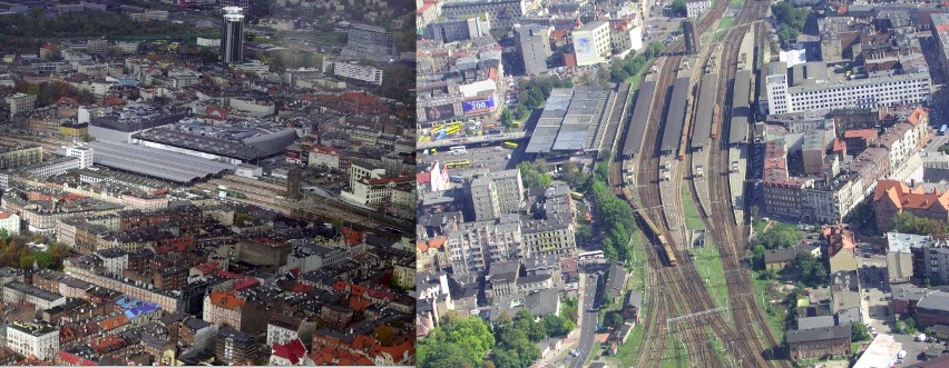 Dworzec kolejowy i plac Szewczyka. Z lewej w 2013, z prawej...