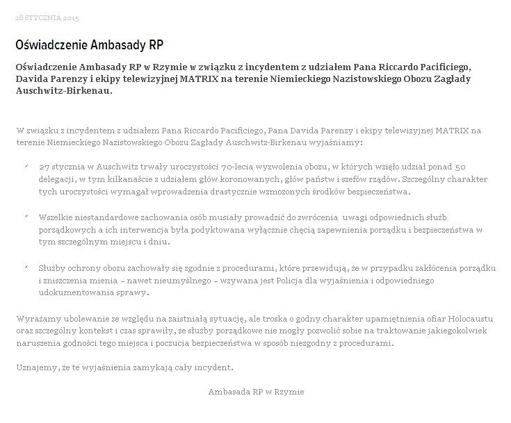 Oświadczenie Ambasady RP w Rzymie