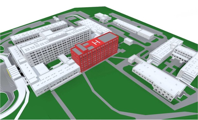 Gmach zaznaczony kolorem czerwonym to ten, który zostanie dobudowany. Znajdzie się za częścią Szpitalnego Oddziału Ratunkowego, a na jego dachu pojawi się nowe  lądowisko.
