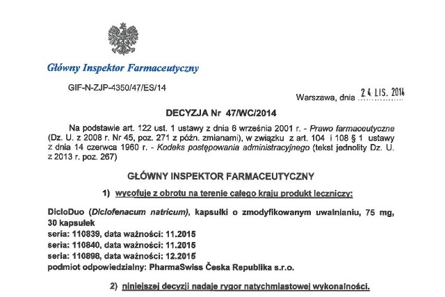 Dicloduo to lek przeciwzapalny i przeciwbólowy. Decyzją Głównego Inspektoratu Farmaceutycznego niektóre partie leku zostaną wycofane ze sprzedaży