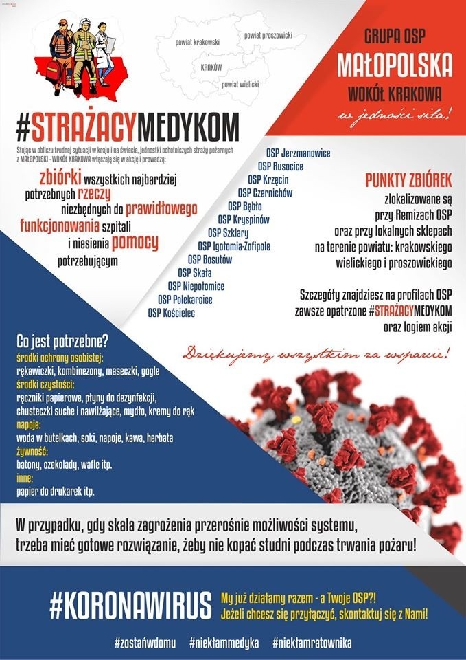 W Niepołomicach ruszyła akcja „Strażacy medykom”. Trwa zbiórka niezbędnych rzeczy dla szpitali potrzebnych do walki z koronawirusem