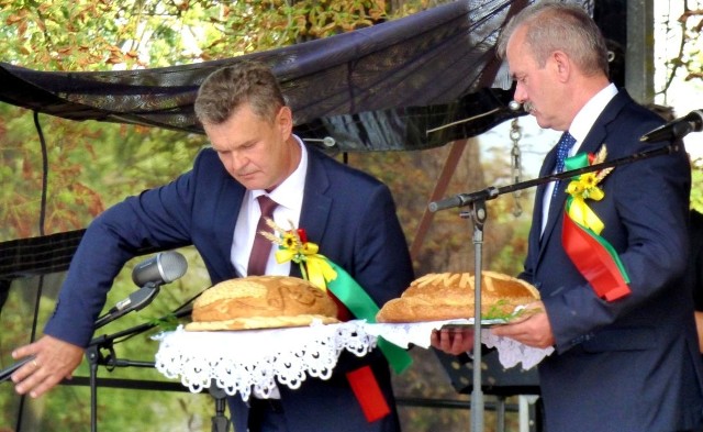 Dorodne, dożynkowe bochny chleba dźwigali w Rogowie - starosta kazimierski Jan Nowak (z prawej) i Sławomir Kowalczyk, wójt gminy Opatowiec.