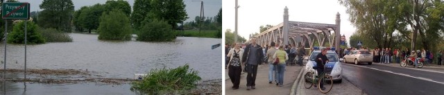 Z lewej - droga 423 w Przyworach Opolskich zalana wodą. To trasa łącząca Opole z Krapkowicami. Z prawej - most w Brzegu - ma być zamknięty o 22.00.