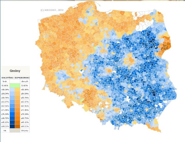 Tak głosowała Polska. Kolor niebieski - większe poparcie dla Kaczyńskiego, kolor pomarańczowy - dla Komorowskiego