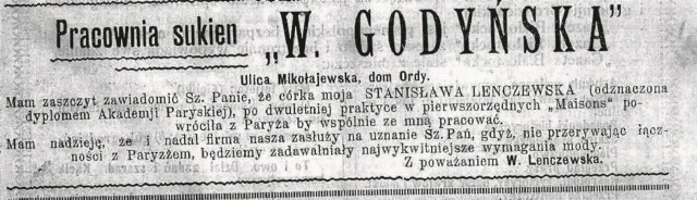 Reklama pracowni krawieckiej Wiktorii z Godyńskich Lenczewskiej z 1914 roku. W latach 1902 -1905 bywał w niej konspiracyjnie Józef Piłsudski.