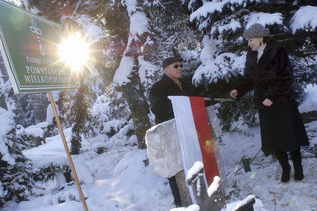 Orzeł, czas trwania powstania oraz napis "Powstańcom Wielkopolskim&#8221; widnieje na pamiątkowej tablicy. Odsłoniła ją Ewa Węgrowska-Pachucy, córka jednego z powstańców. Obok niej stoi Maciej Sprutta, główny inicjator uczczenia w ten sposób wielkopolskich bohaterów. 