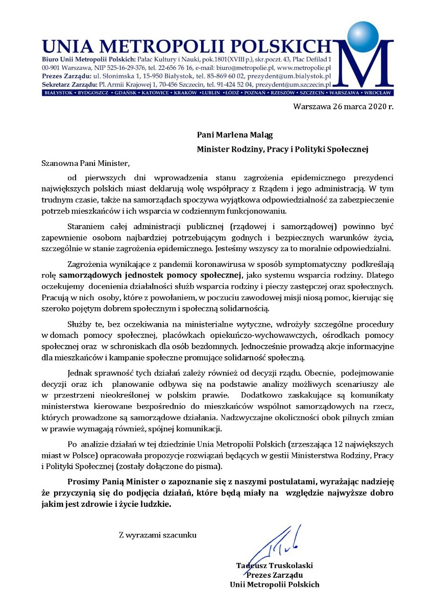 List Unii Metropolii Polskich