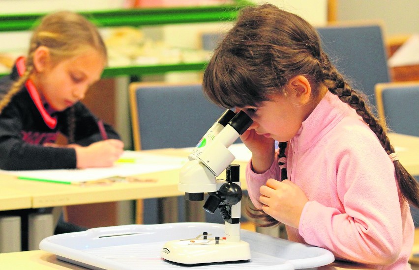 Dzieci pod opieką prowadzących podglądały pod mikroskopem,...